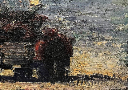 Oil painting of rugged motorcycle on beach by Volodymyr Pashchenko