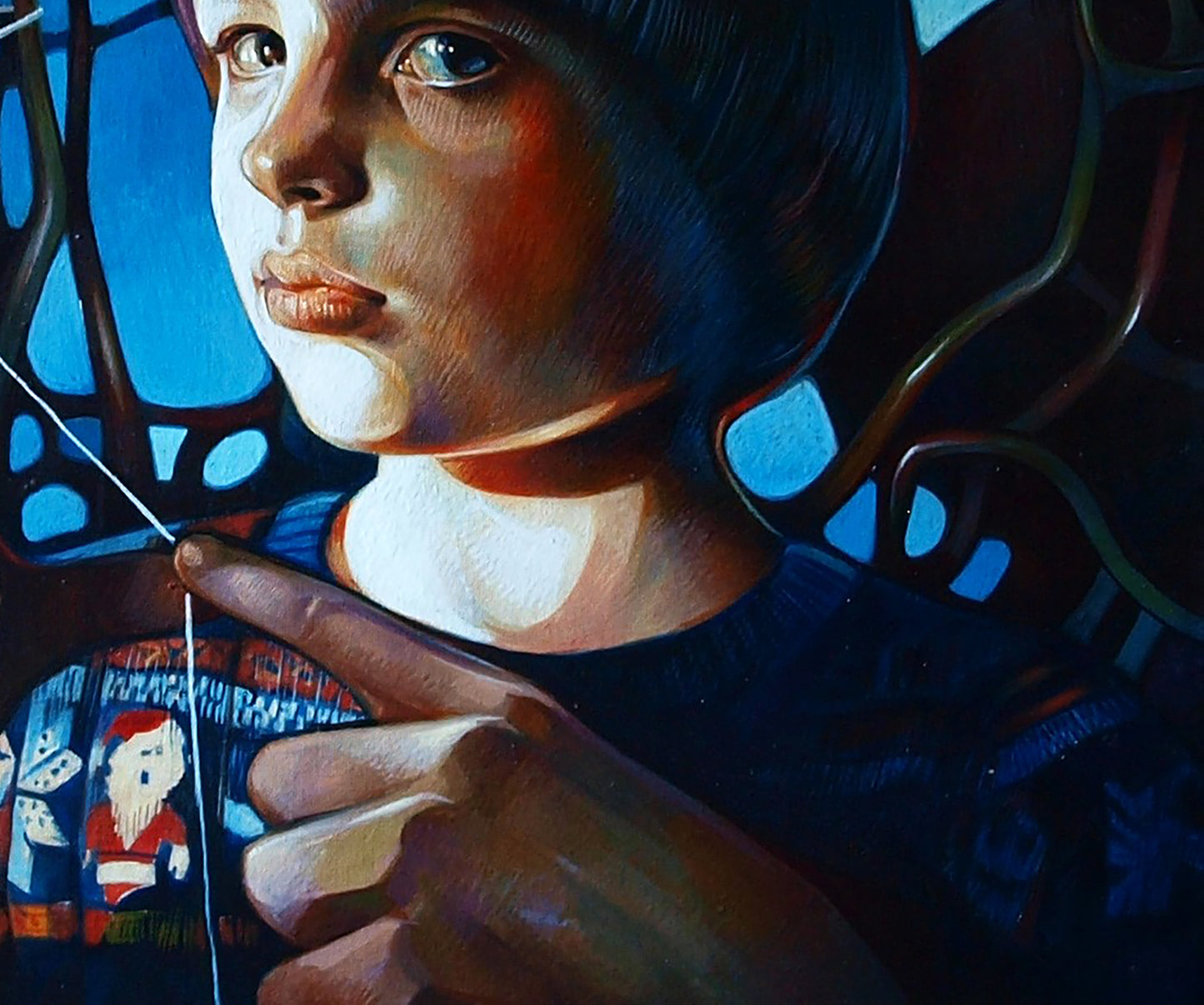 Oil painting Start of questions Konsta G. Amelinn young boy in black cartoon shirt
