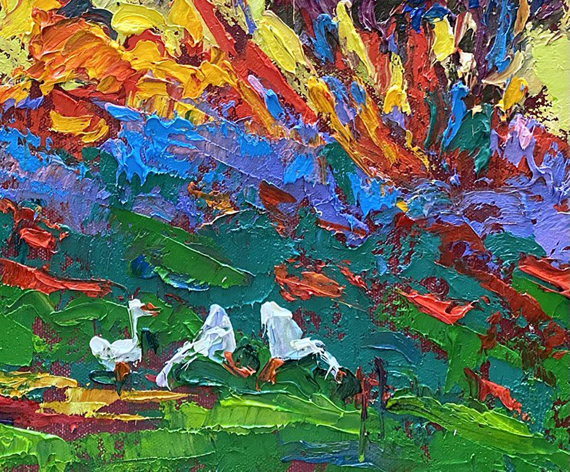 Oil painting In a green field by Oleksiy Ivanyuk: three white geese on textured green field under vibrant sky