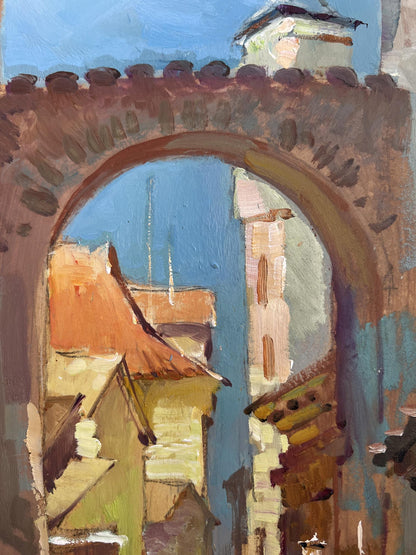 Oil painting by Yuriy Suprunchuk: rustic stone archway framing city rooftops