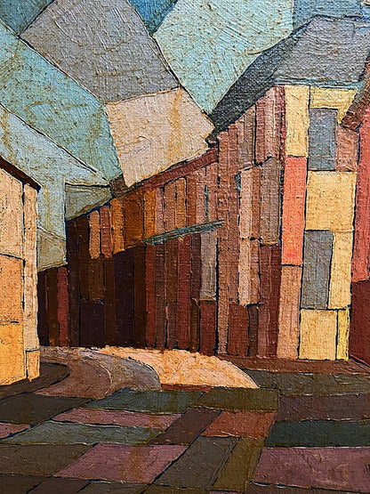 Oil painting City Square by Serhiy Kovalev: textured cobblestone alleyway