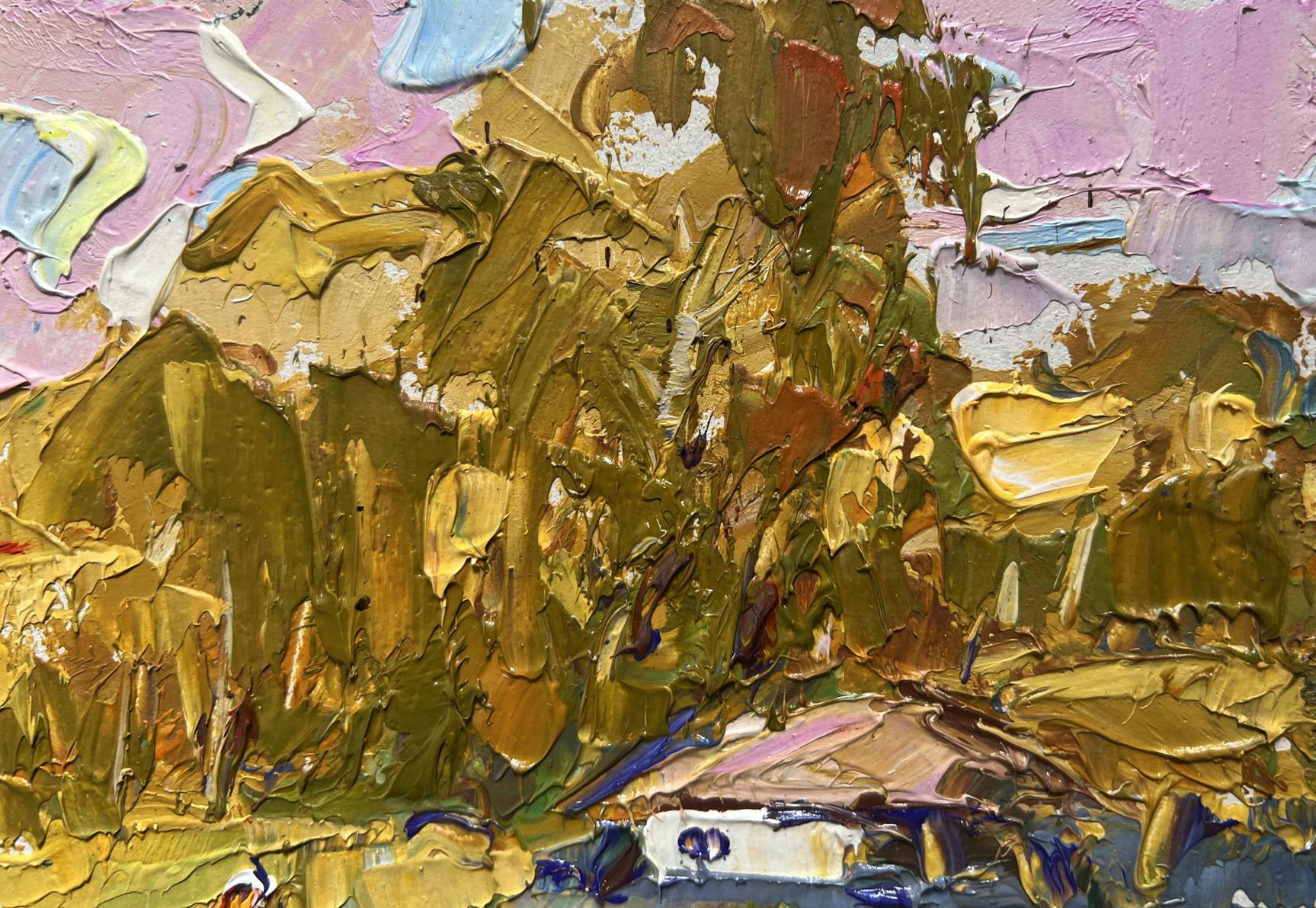 Oil painting of splashing ducklings by Oksana Ivanyuk in gold ochre tones
