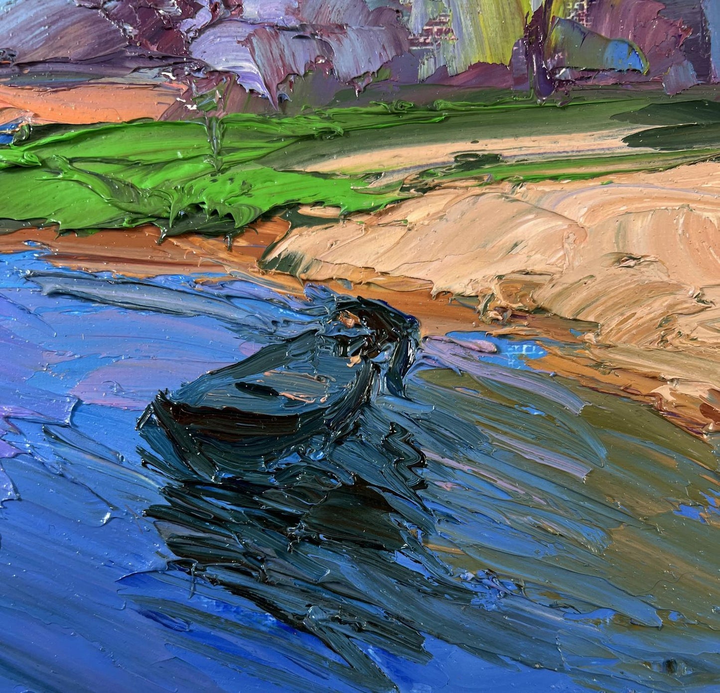 Oil painting of summer river bank boat by Boris Serdyuk