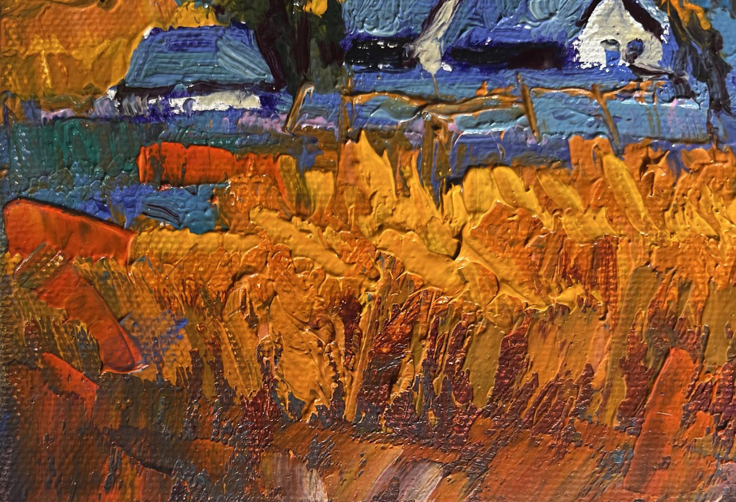 Oil painting of vibrant orange yellow wheat field and autumn village evening by Oksana Ivanyuk