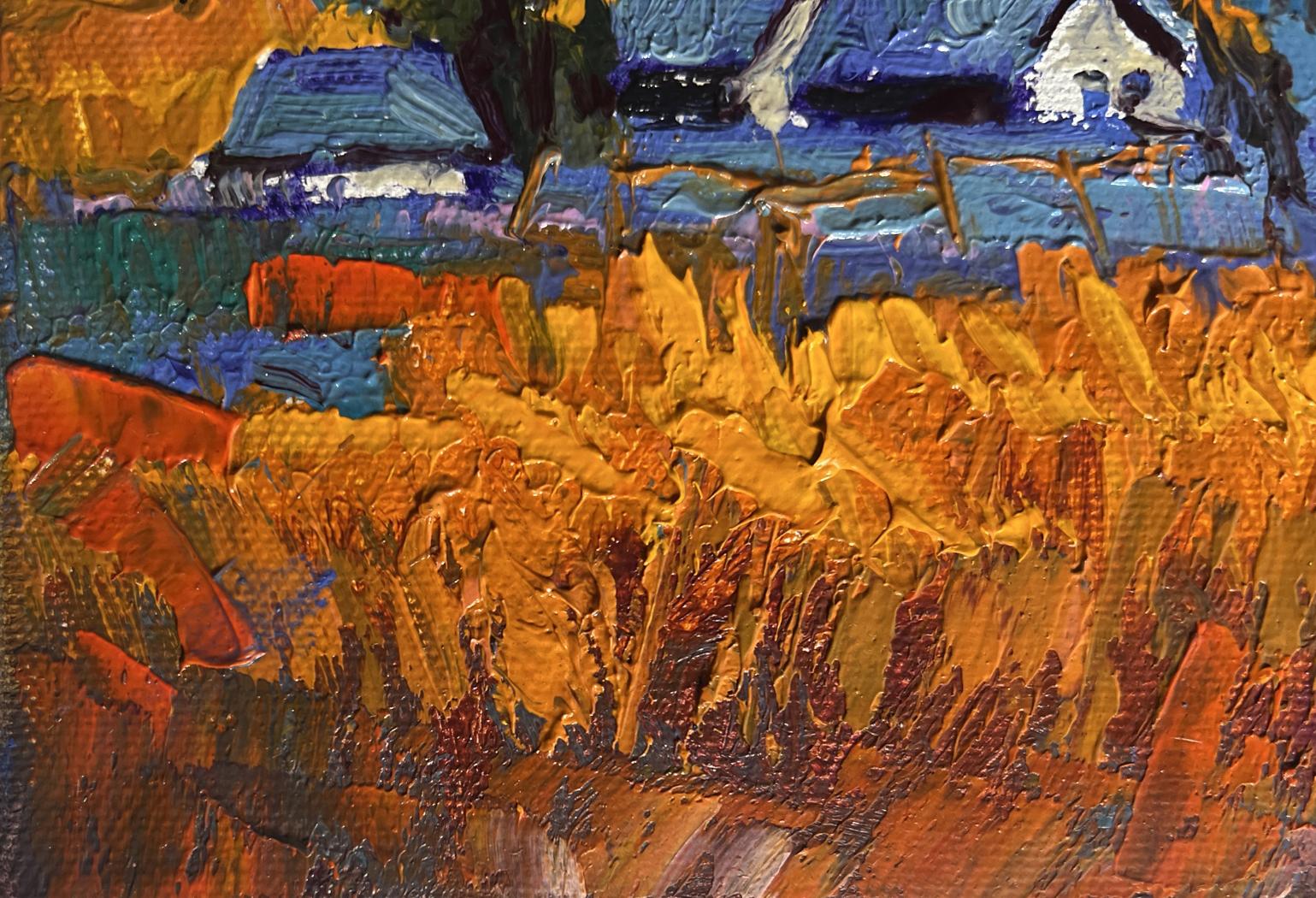 Oil painting of vibrant orange yellow wheat field and autumn village evening by Oksana Ivanyuk