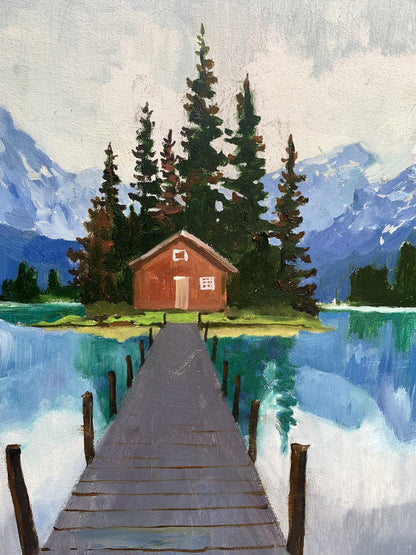 Oil painting of rustic red hut on lake by Tatyana Derdey among evergreens