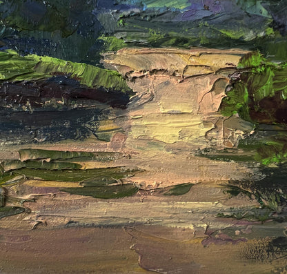 Textured impasto oil painting of rocky cliffside by Boris Serdyuk