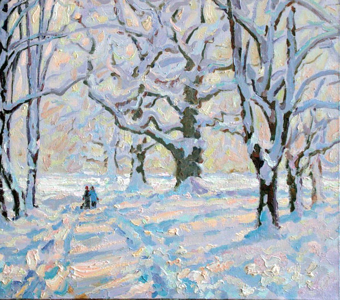 Winters tale oil painting by Leonid Pavlenko: snowy trees and figures