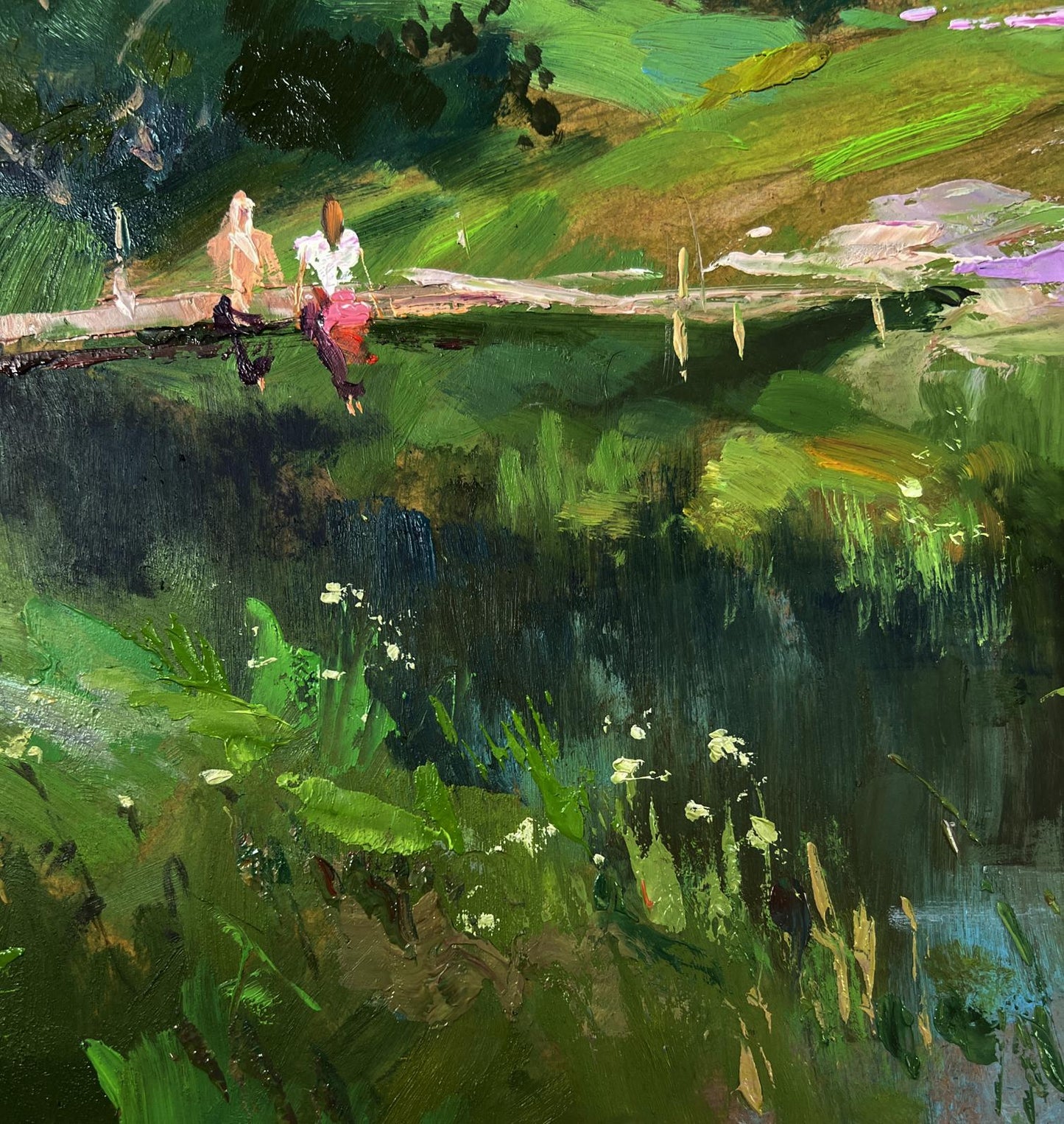 Oil painting Quiet conversations of girls by Yuriy Suprunchuk on wooden bridge