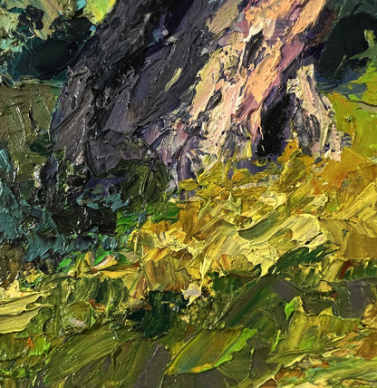 Oil painting of tree near river by Boris Serdyuk, textured impasto purples to yellows