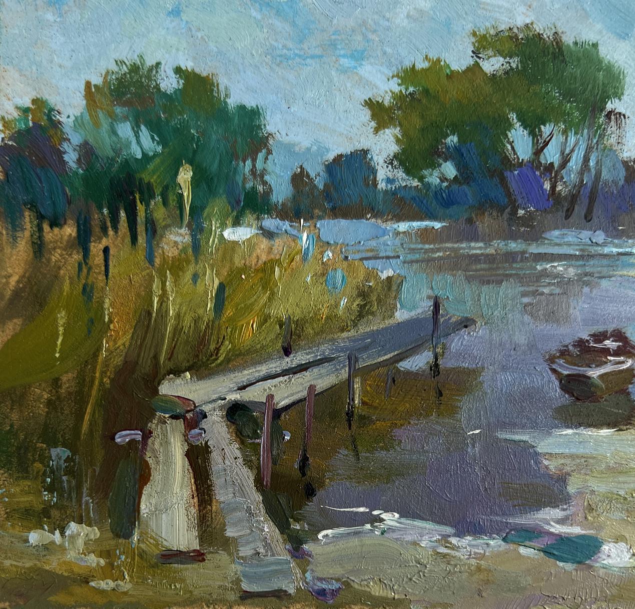 Oil painting by Yuriy Suprunchuk: rustic dock over calm water amid green trees