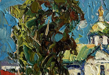 Oil painting Hike to the Monastery by Oksana Ivanyuk with lush green foliage