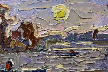 Oil painting The river rose in the village by Oleksiy Ivanyuk vibrant sun sky boat