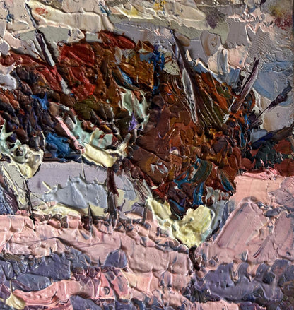 Oil painting Pink winter evening by Oksana Ivanyuk impasto abstract