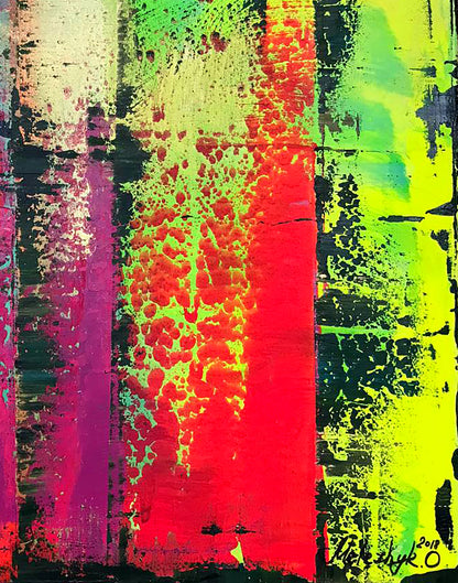 Vibrant Meeting abstract painting with neon green, yellow, magenta stripes