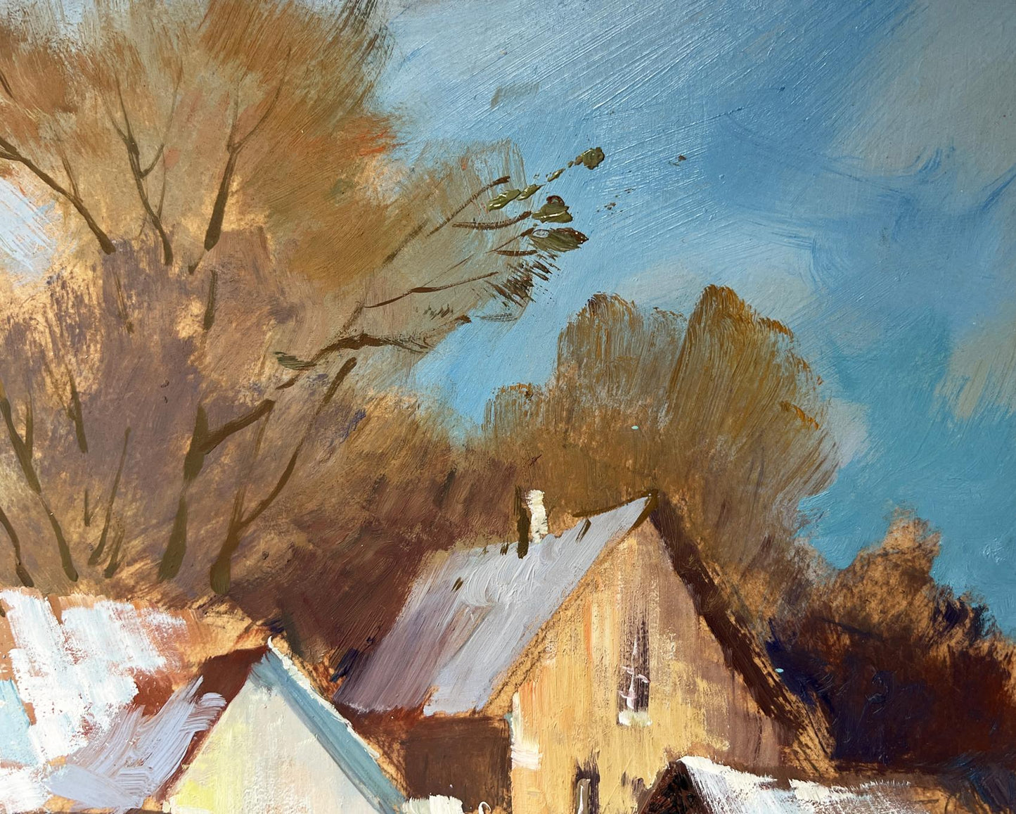 Oil painting of winter snowdrifts near rustic house by Yuriy Suprunchuk
