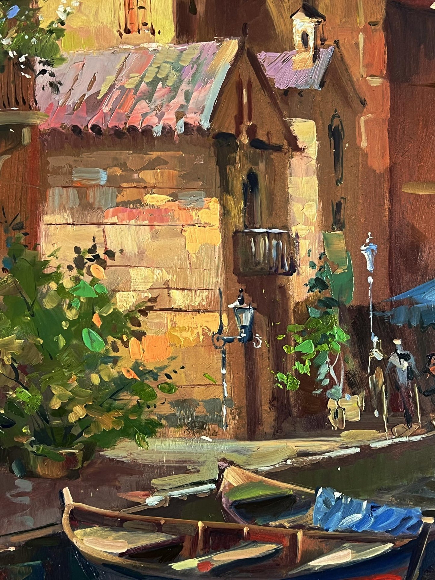 Oil painting of rustic Venice boat by stone building, Yuriy Suprunchuk