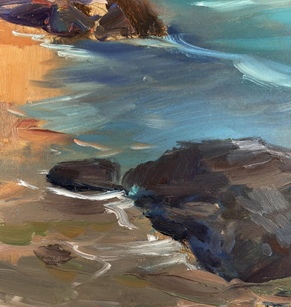 Oil painting of seashore with boat by Yuriy Suprunchuk, rugged rocks and turquoise waves