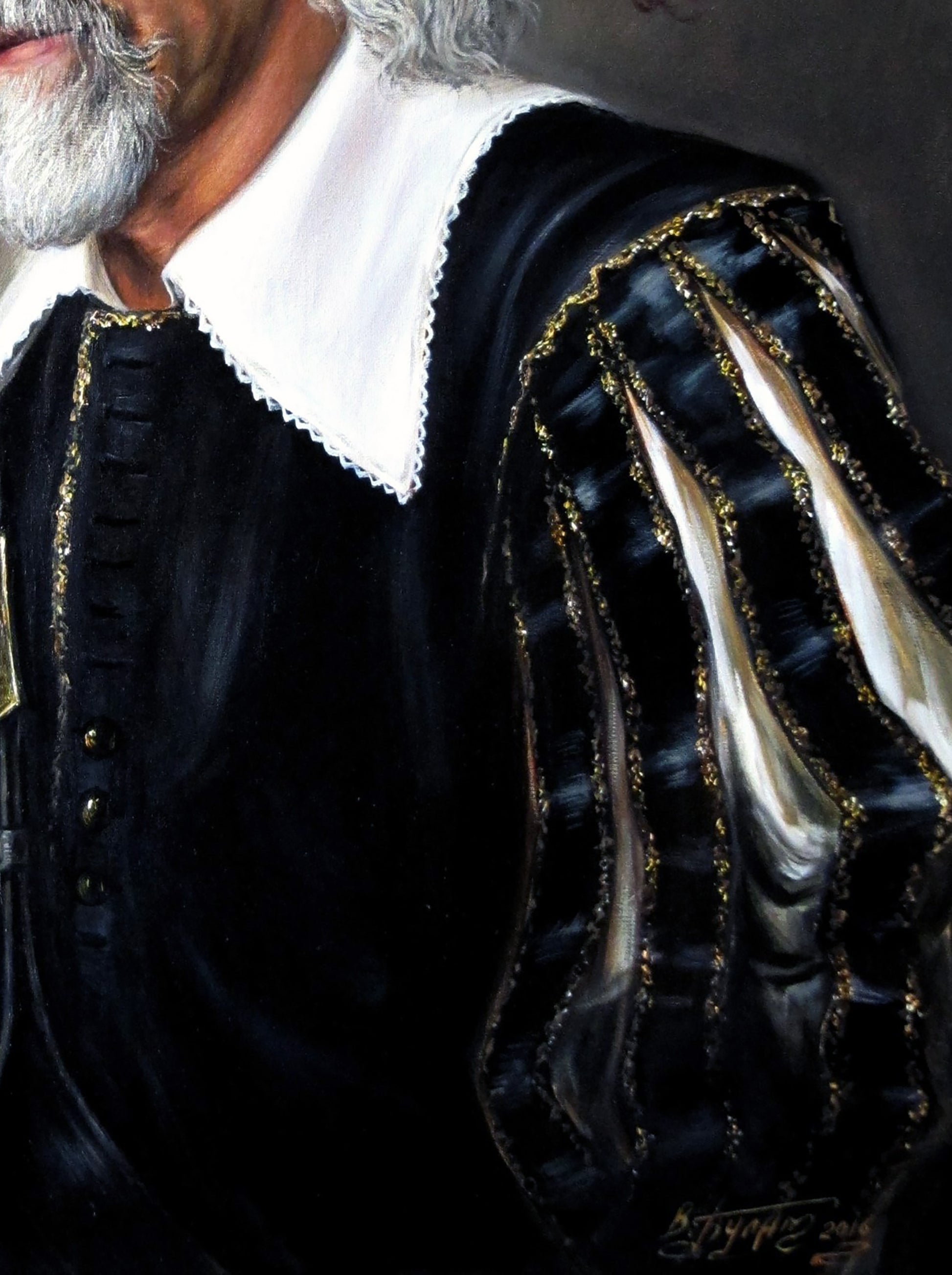 Oil painting Keep Your Friends Luck Valeriy Bulat: black velvet doublet with gold trim, white lace collar