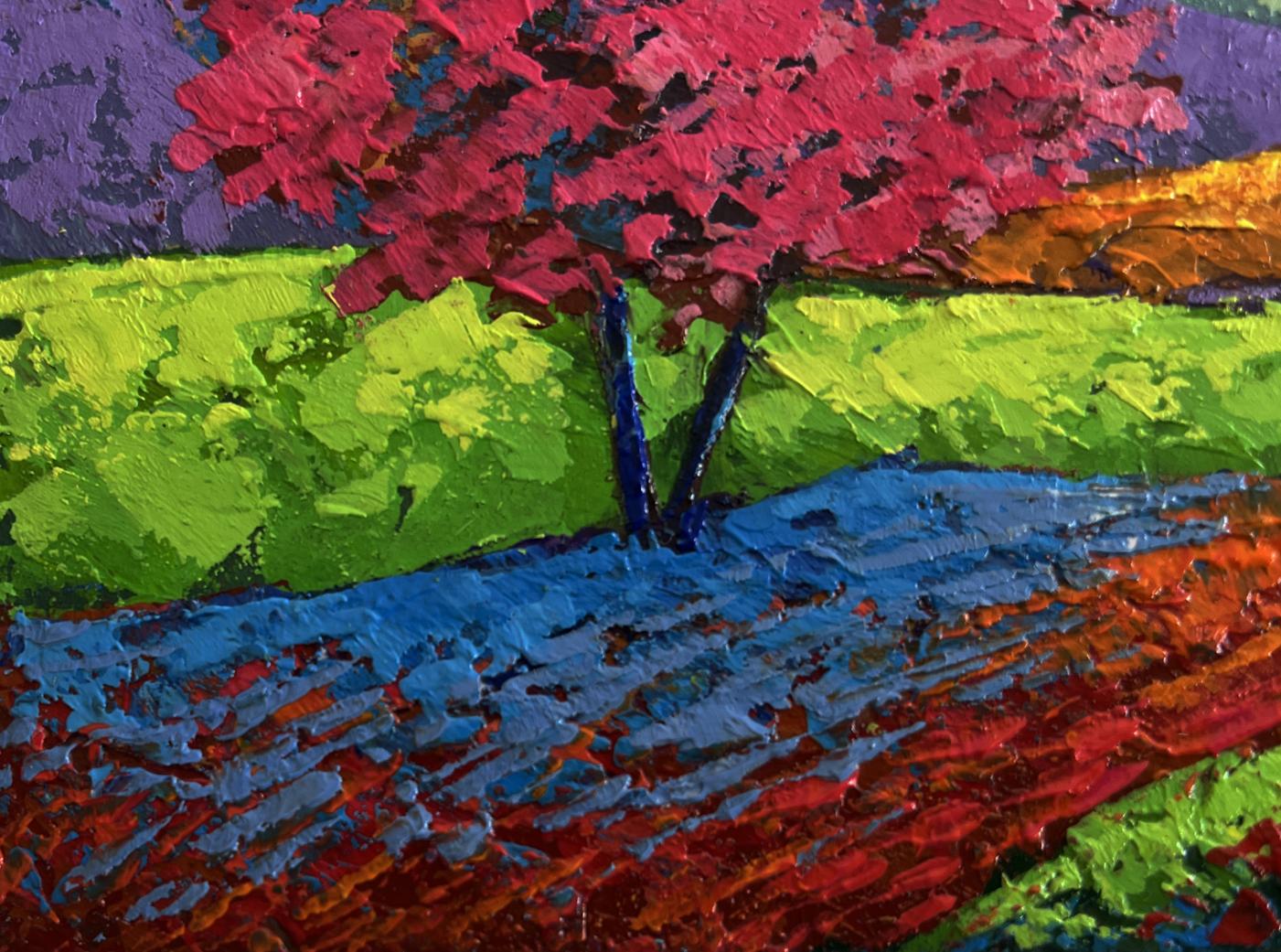 Oil painting Path to the mountain valley by V. Zadorozhnya with pink tree
