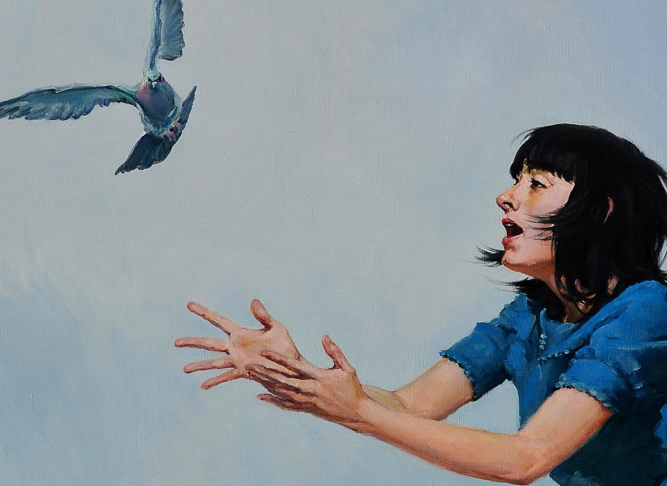 Oil painting So scare a dove by Oleg Kateryniuk: woman reaching for pigeon