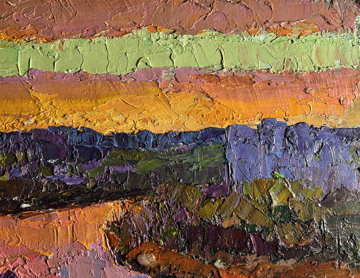 Oil painting Orange sunset sun by Boris Serdyuk with earthy bands