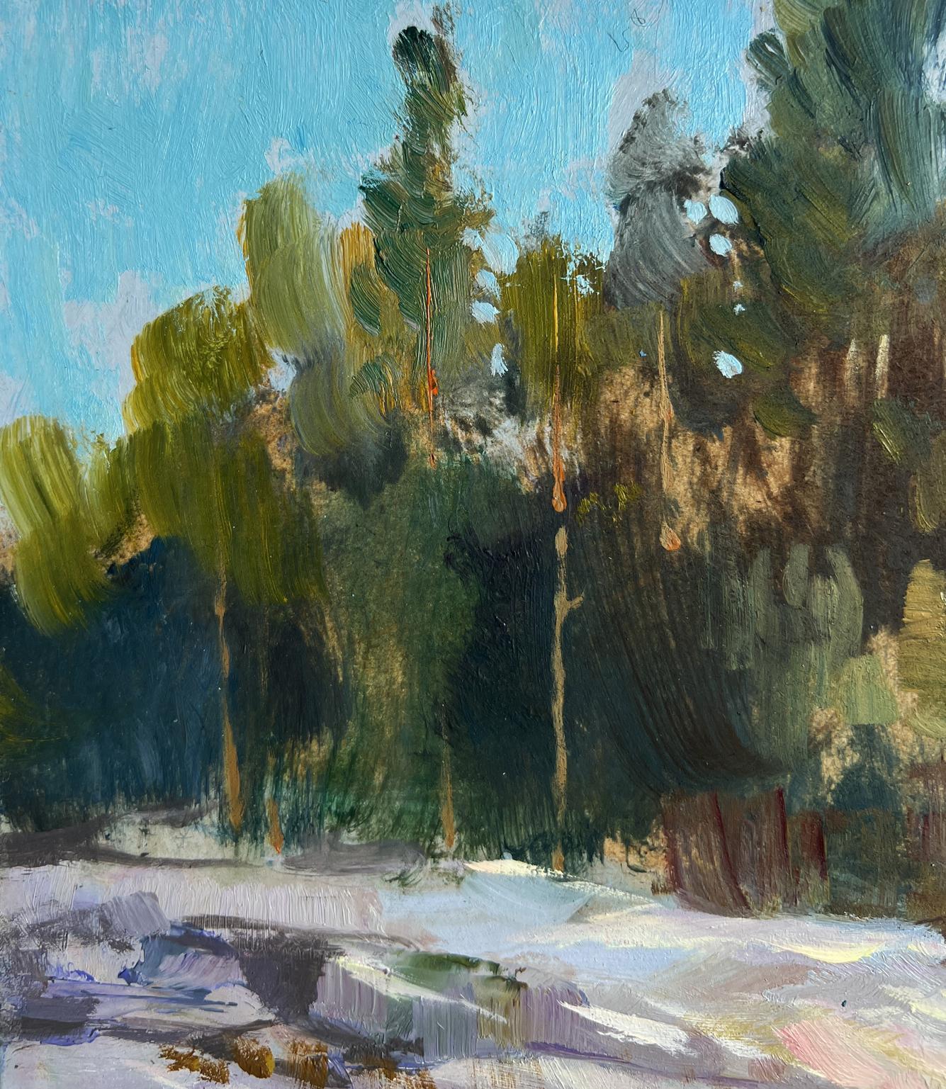 Vibrant impressionist oil painting of forest by river by Yuriy Suprunchuk
