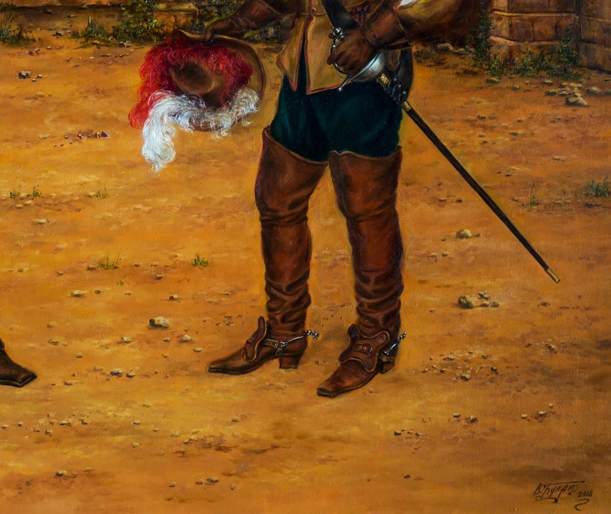 Brown leather knee-high boots with silver spurs and buckles in Oil painting Miracle Balm Valeriy Bulat