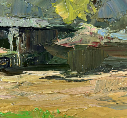 Impasto oil painting of Boris Serdyuk bridge over water in rocky landscape