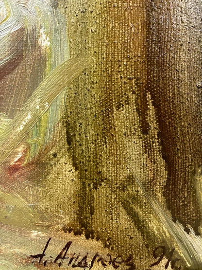 Oil painting Still life with acacia branch by Oleksandr Andreev textured canvas