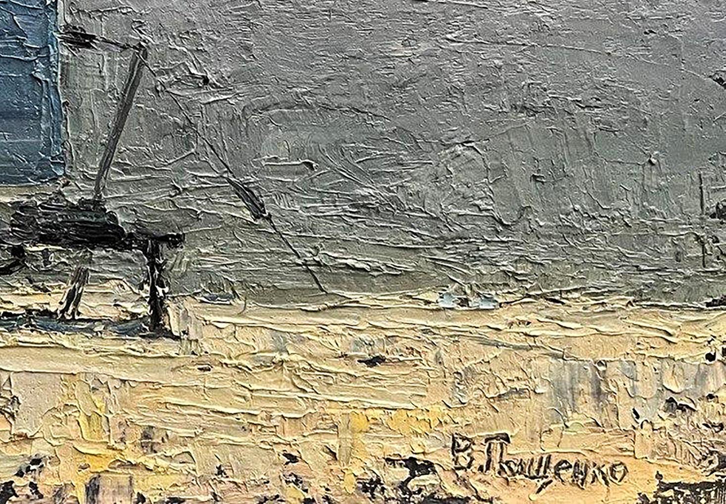 Textured gray yellow oil painting of coastal scene by Volodymyr Pashchenko