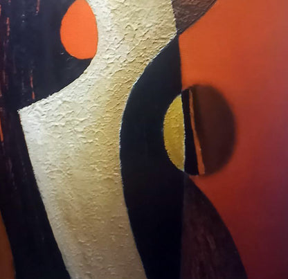 Oil painting by Alexander Strashevich with bold geometric shapes in black, cream, orange, yellow