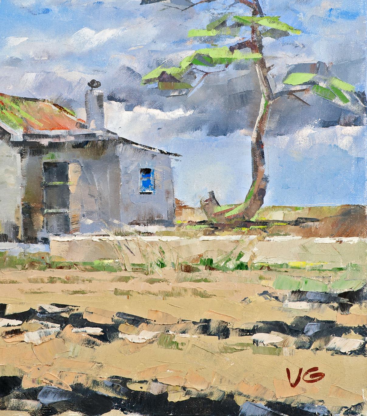 Oil painting of weathered gray house with red-tiled roof by Volodymyr Gluhomanyuk