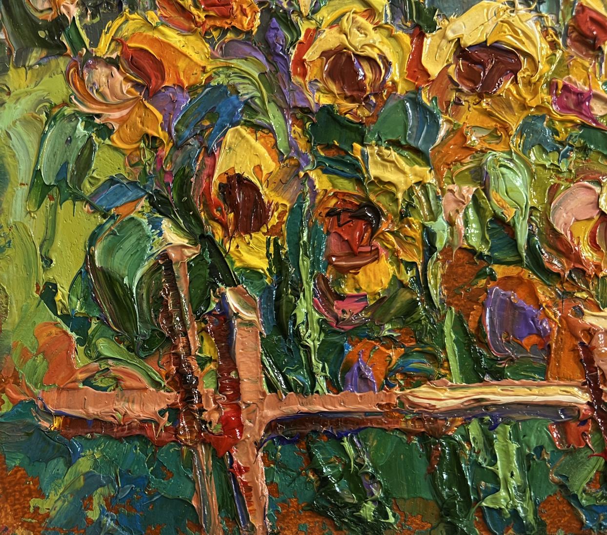 Vibrant impressionist oil painting of sunflowers in the yard by Oksana Ivanyuk