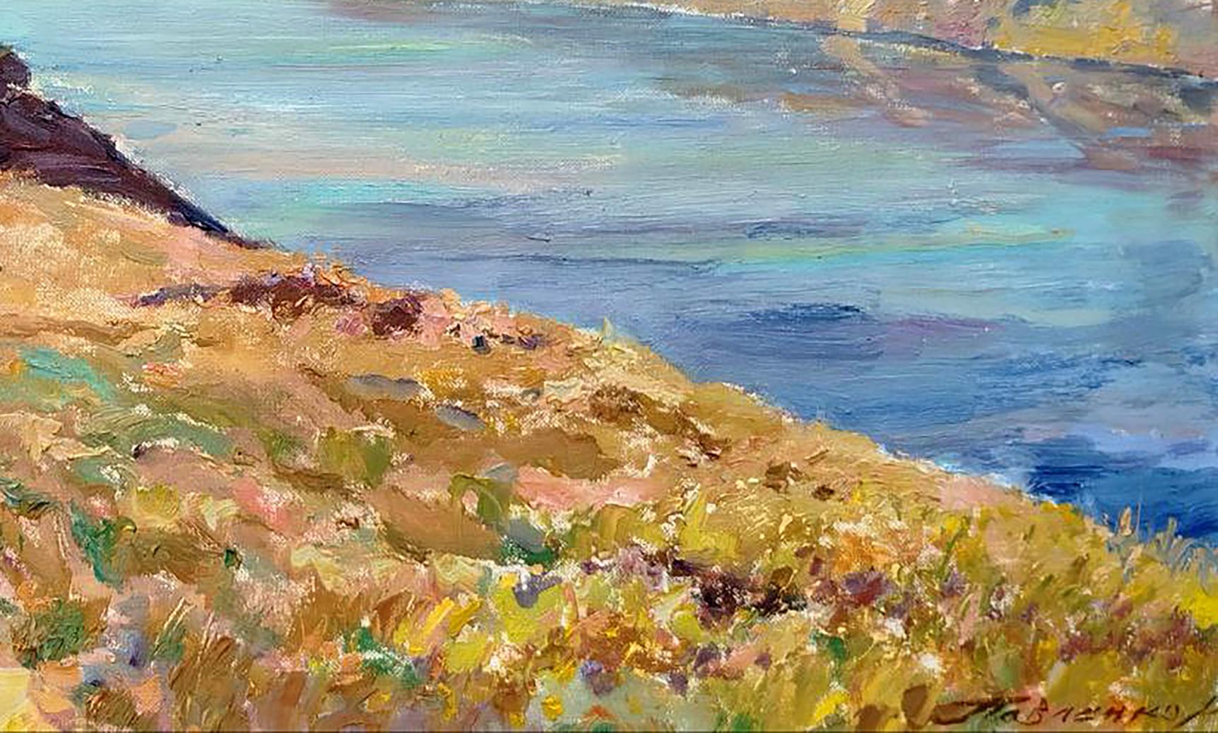 Oil painting Blue River by Leonid Pavlenko: sunlit coastal landscape