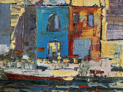 Vibrant oil painting by Serhiy Kovalev of colorful waterfront buildings