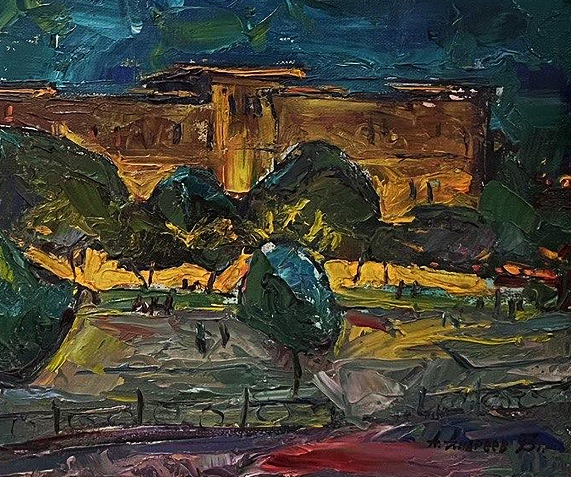 Oil painting Night Istanbul by Oleksandr Andreev, golden building under teal sky