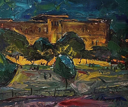 Oil painting Night Istanbul by Oleksandr Andreev, golden building under teal sky