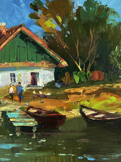 Oil painting by Yuriy Suprunchuk: green-roofed cottage, boats by water