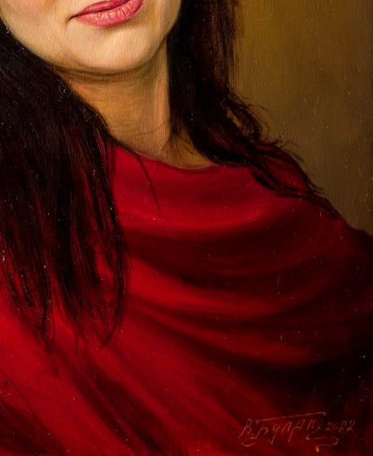 Oil painting Carol Valeriy Bulat: deep red shawl on womans shoulders