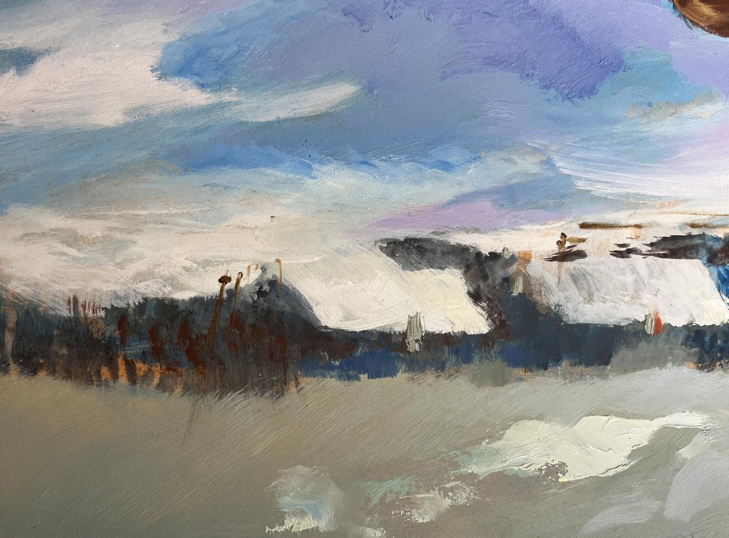 Impressionistic oil painting of snowy landscape returning home on winter evening by Yuriy Suprunchuk