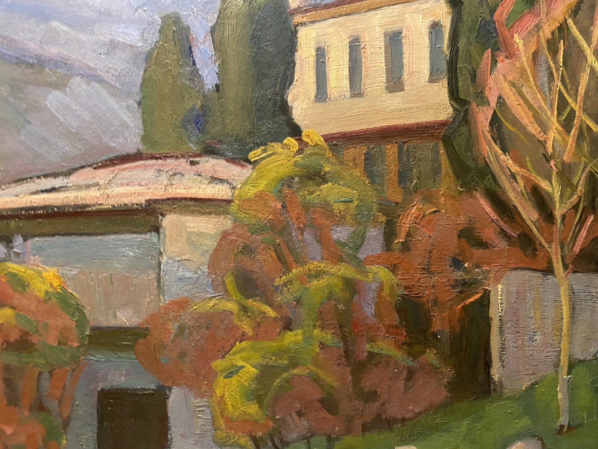 Oil painting of city streets by Nikolai Hrustalenko with green orange foliage