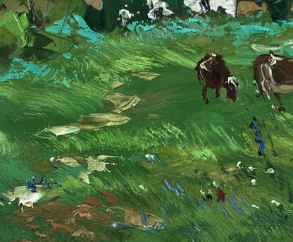 Oil painting by Yuriy Suprunchuk: cows grazing in vibrant green pasture with blue flowers