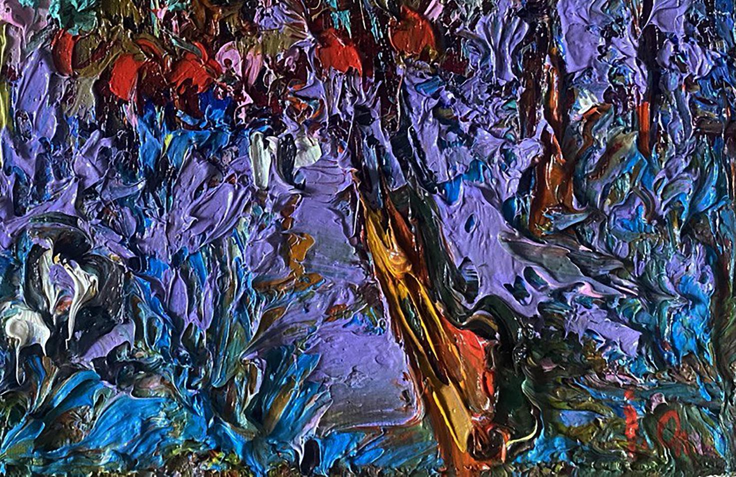 Oil painting Moonlit night by Oleksiy Ivanyuk vibrant purple blue red gold abstract