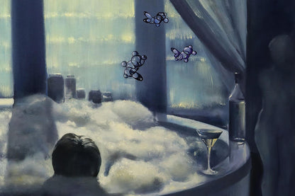 Oil painting by Igor Konovalov: woman in bubble bath with purple butterflies
