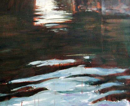 Oil painting Under the Bridge by Ed Potapenkov with bold dark green, brown, white strokes