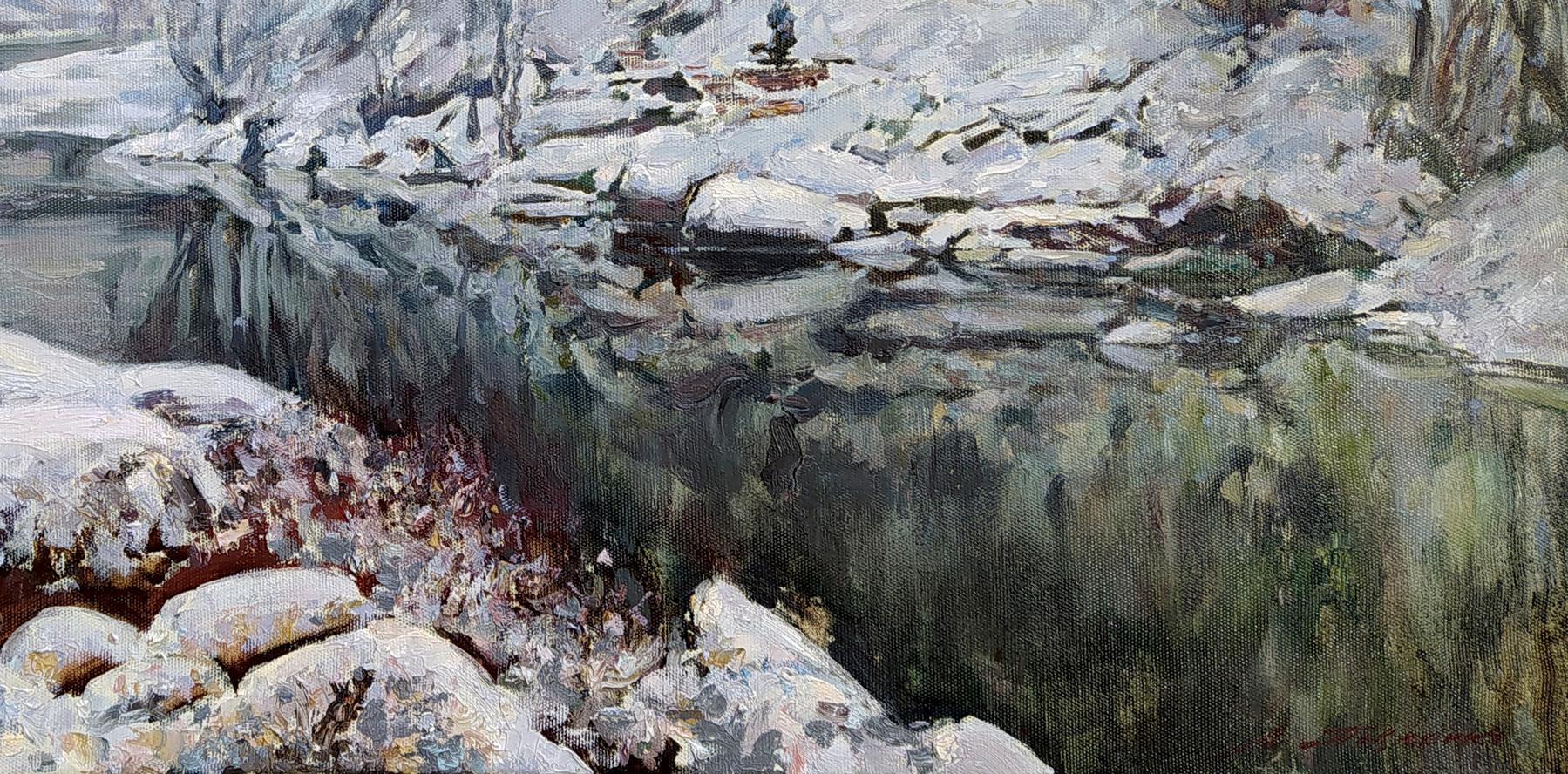Winter on the river oil painting by Leonid Pavlenko snowy rocks icy riverbed