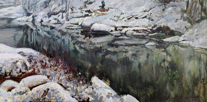 Winter on the river oil painting by Leonid Pavlenko snowy rocks icy riverbed