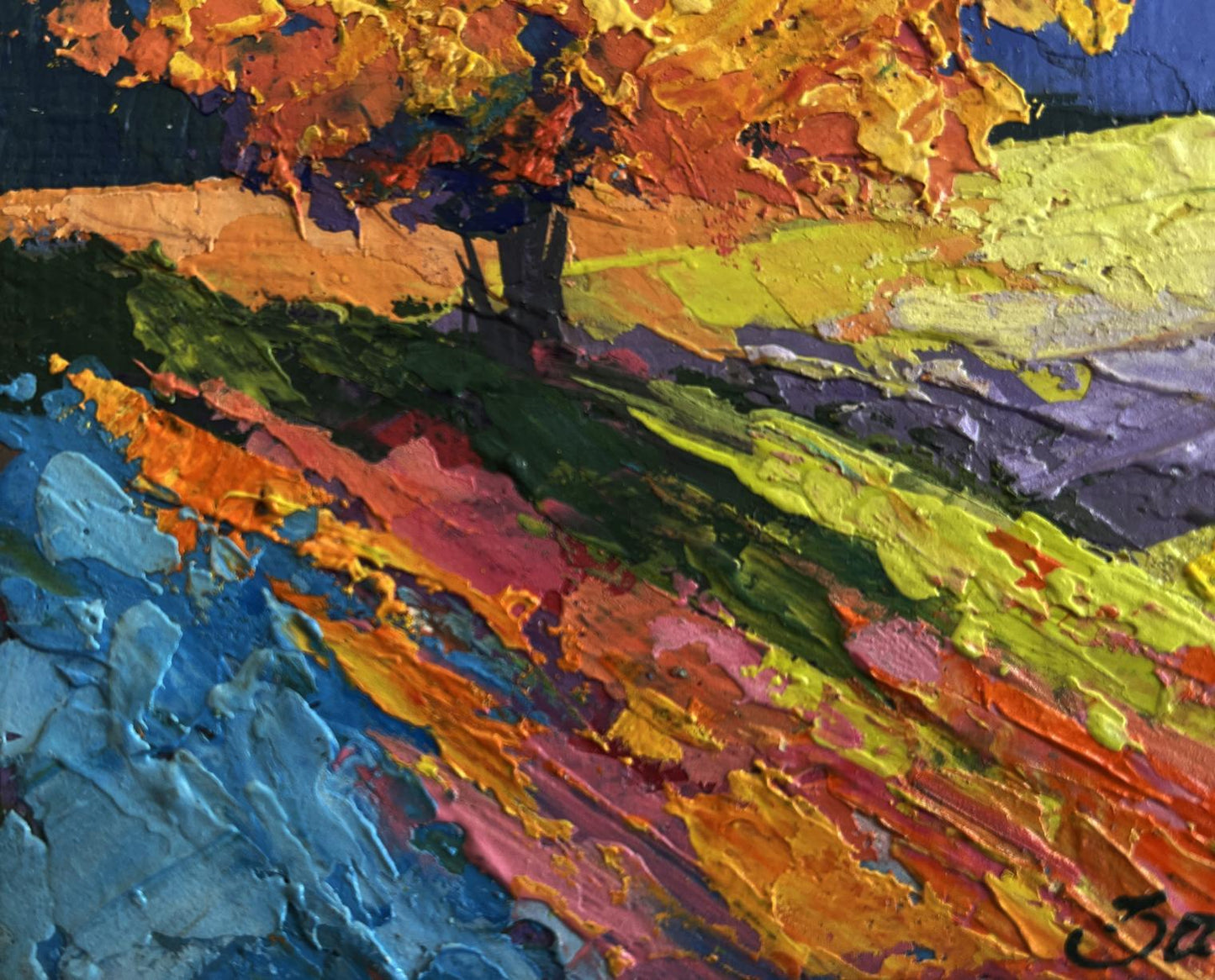 Vibrant oil painting by V. Zadorozhnya of two big trees in a field