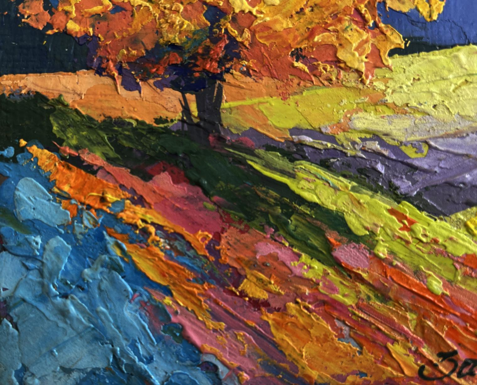 Vibrant oil painting by V. Zadorozhnya of two big trees in a field